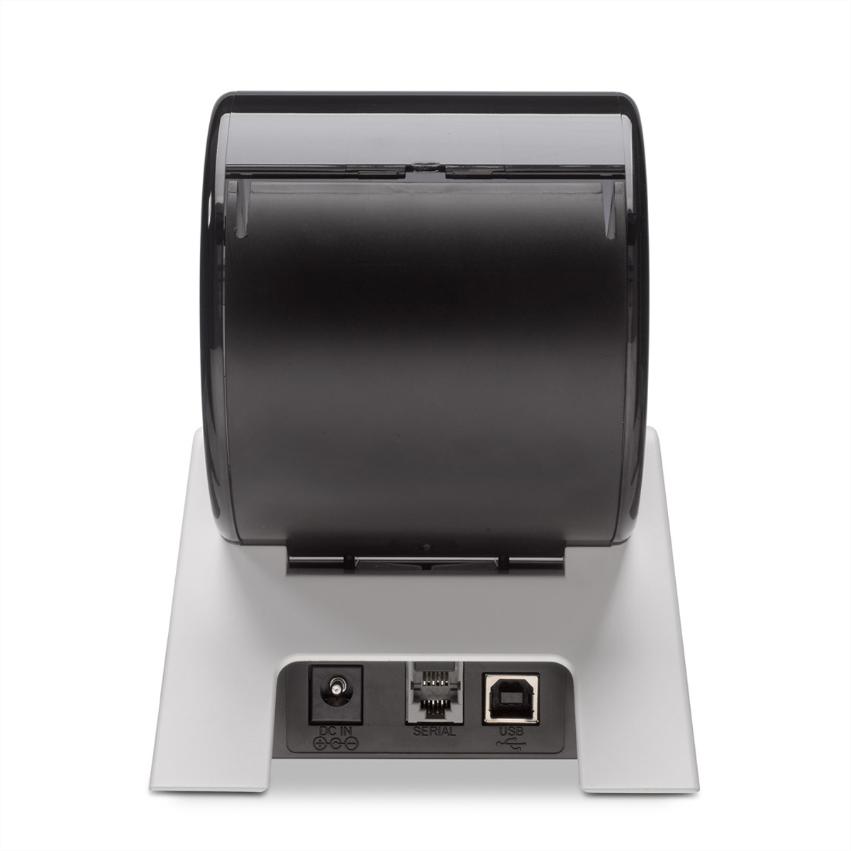 Imprimante avec entrée CC, ports série et USB. Base blanche, dessus noir avec rouleau.