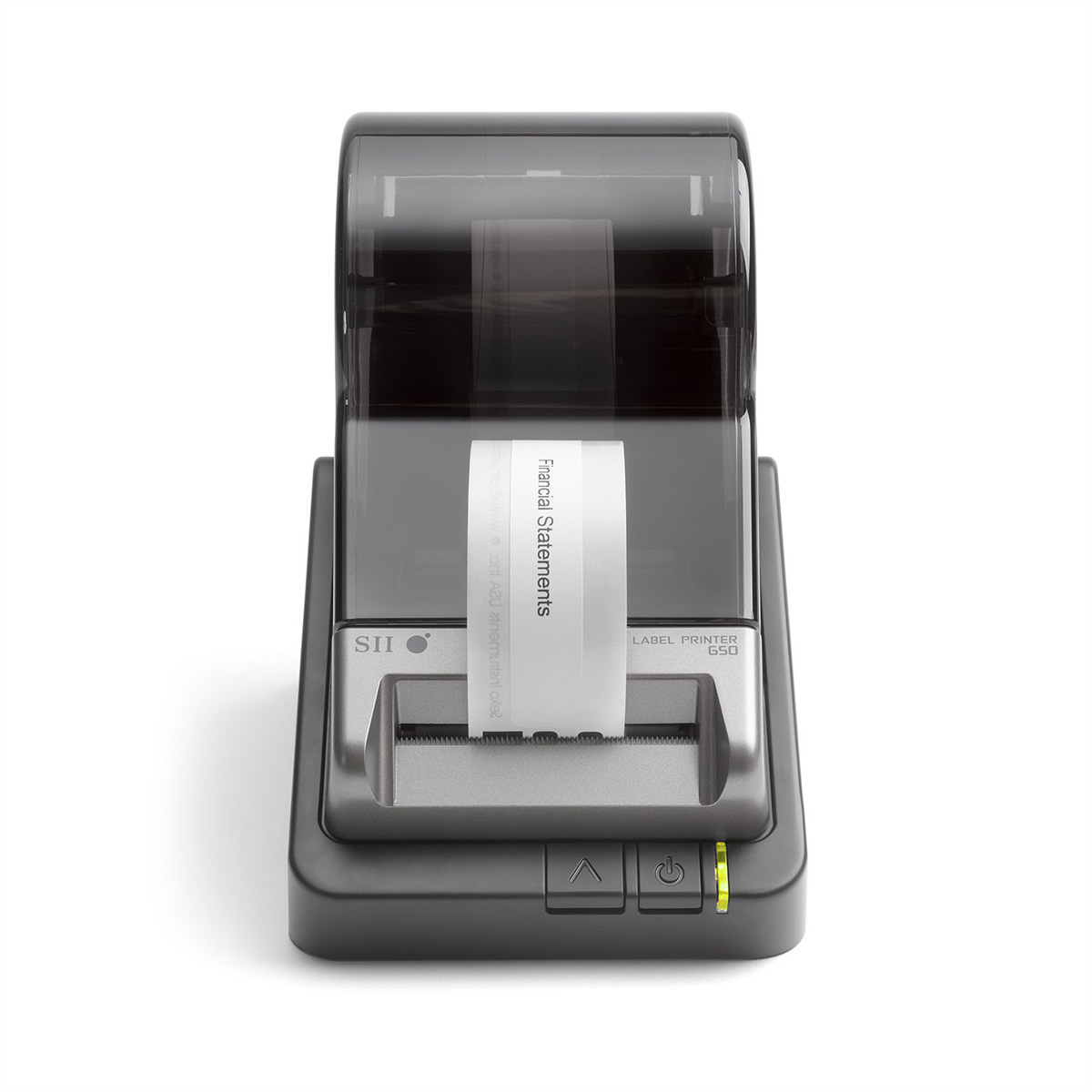 Label printer with a roll of label paper visible, positioned on a white background.