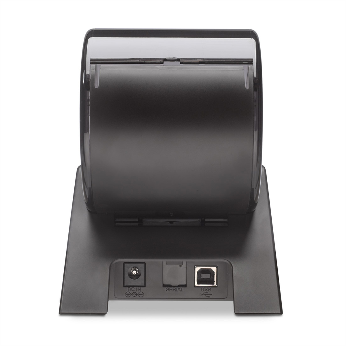 A black thermal printer with USB and serial ports, viewed from the back on a white surface.