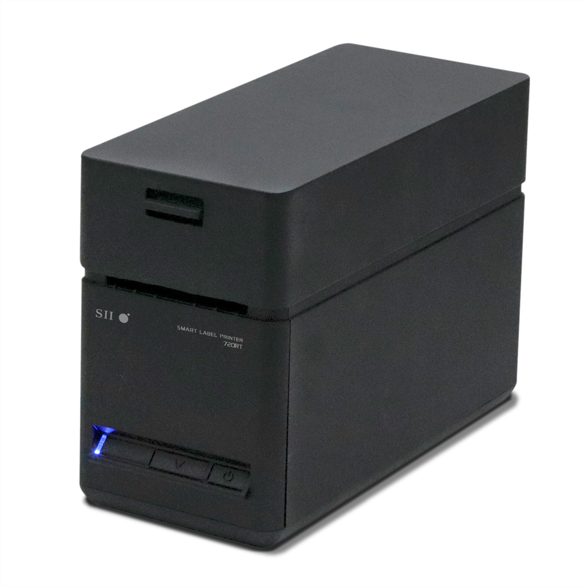 Stampante per etichette intelligente nera. Testo sulla stampante: 'SMART LABEL PRINTER 720RT'. Sfondo bianco.