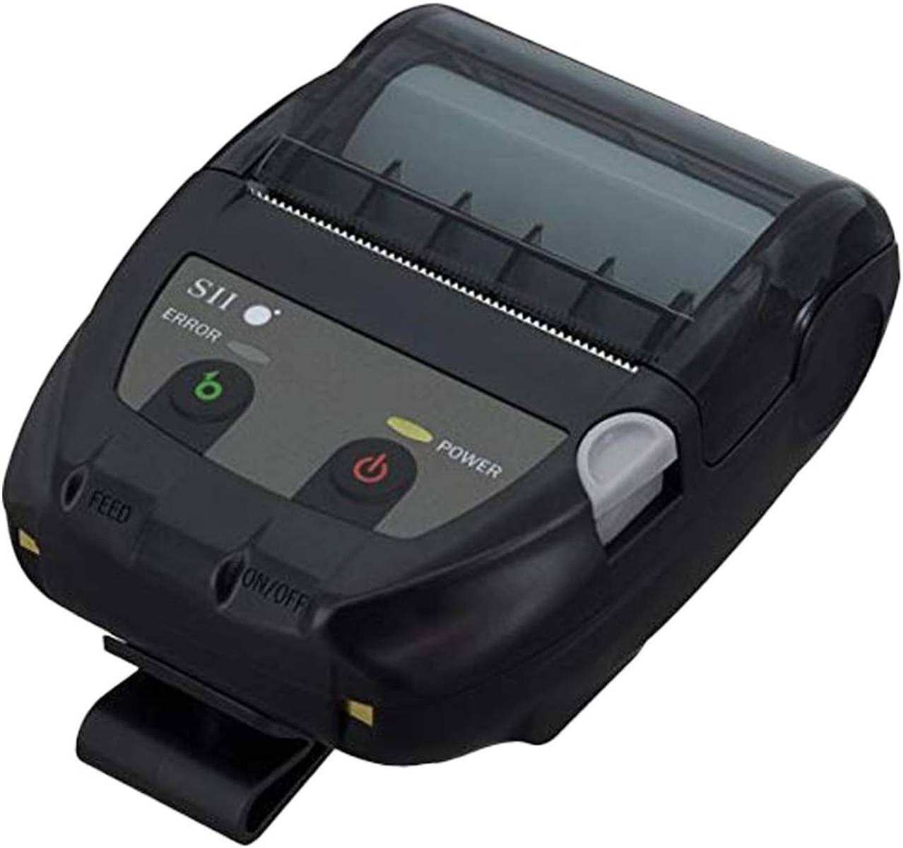 Black portable printer with buttons, a display, and a paper exit. White background.