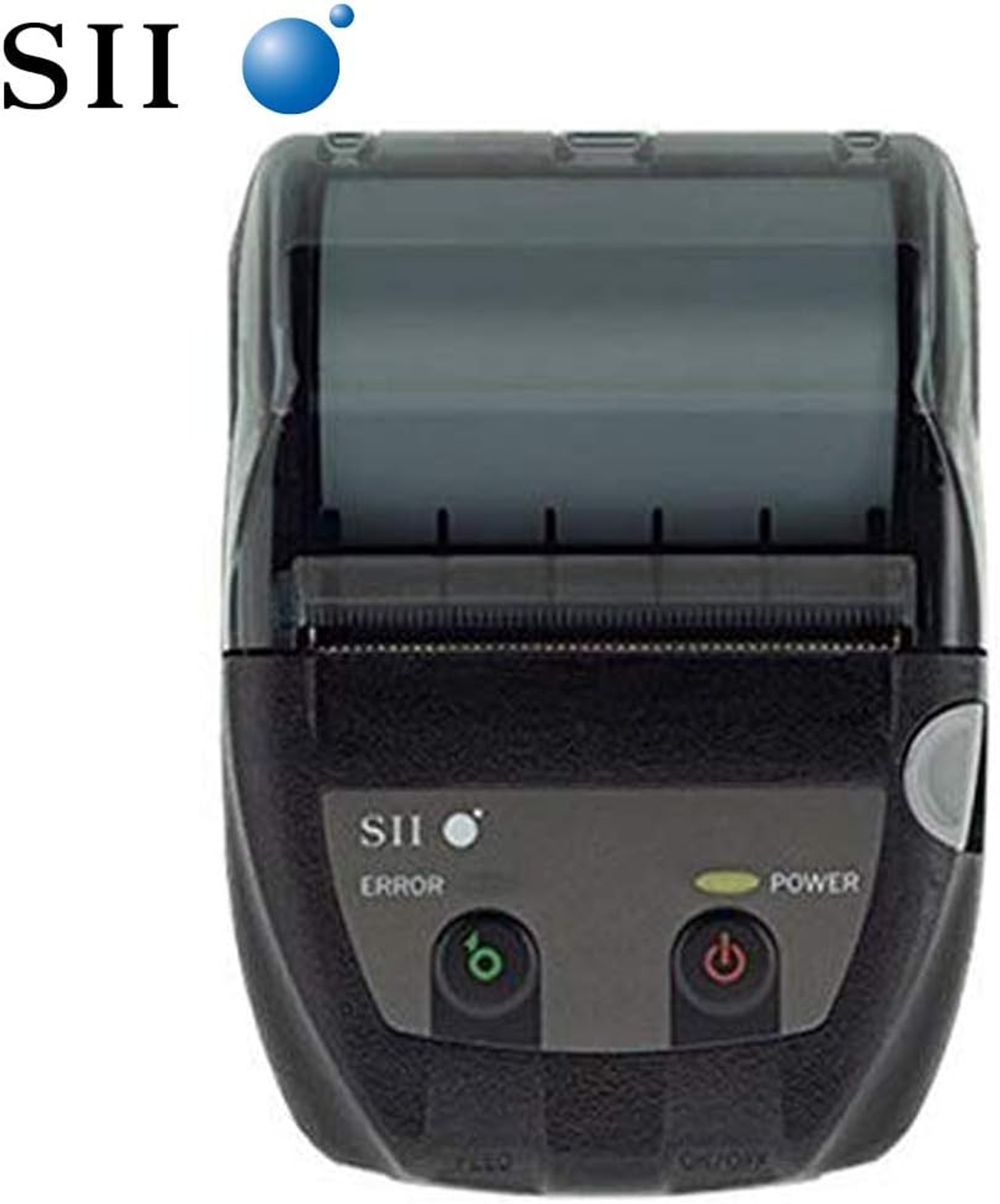 Black portable printer with display, buttons, and a paper roll.