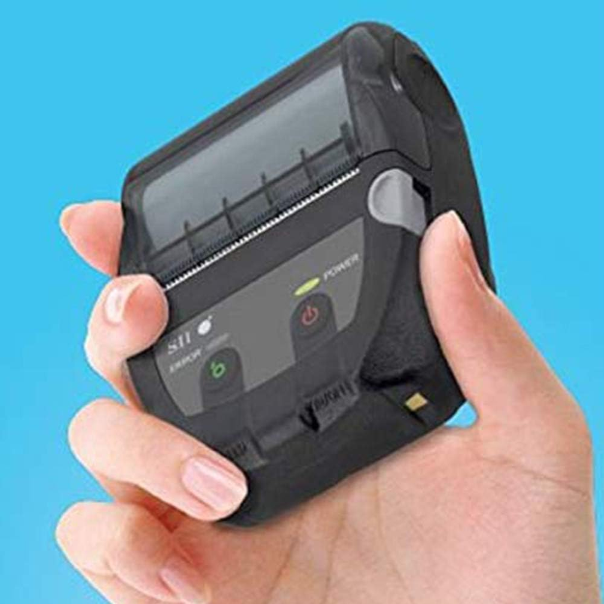 A small black portable printer held in a hand, with power and error lights and a blue background.