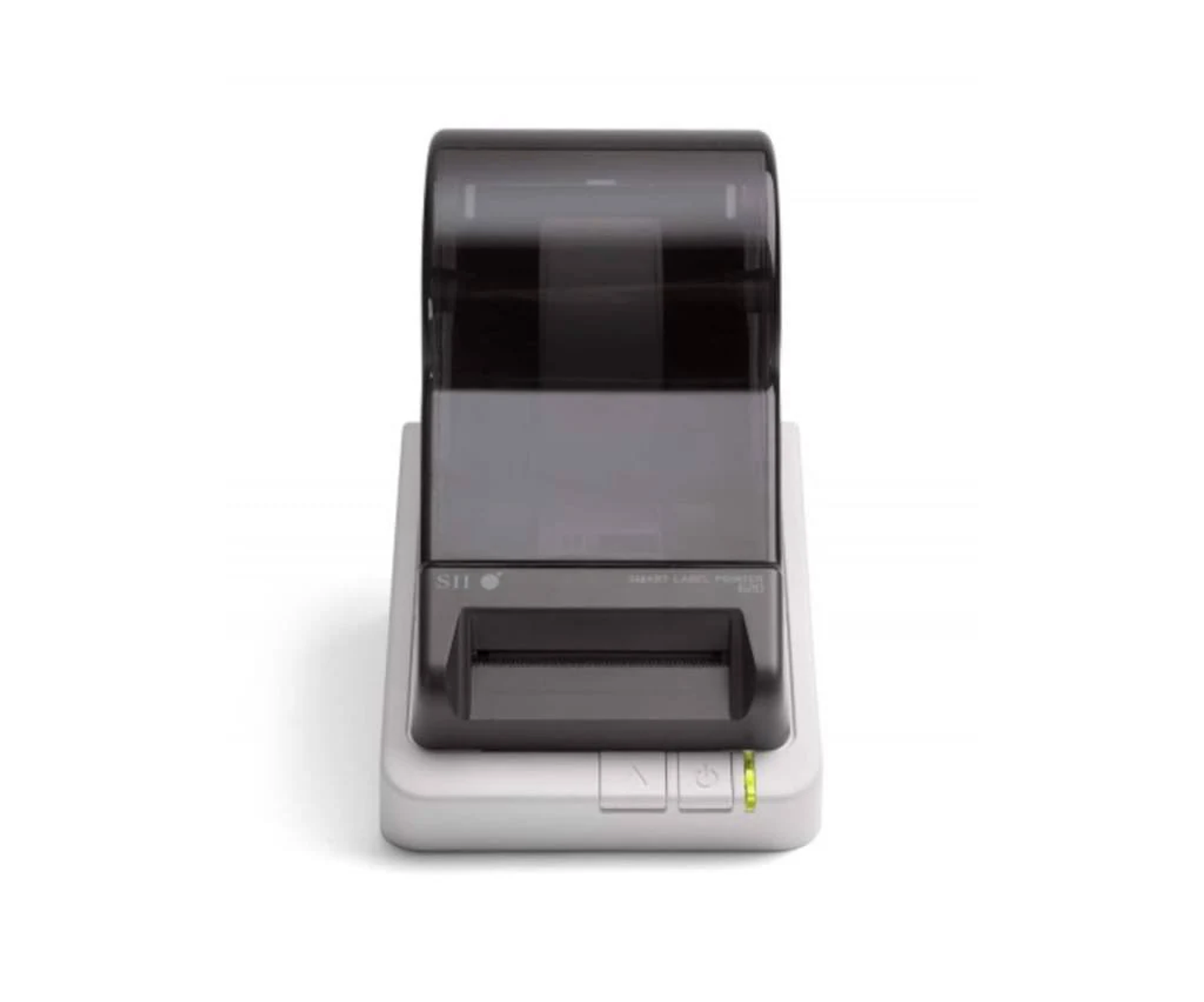 Black and white label printer with a transparent cover and green light.