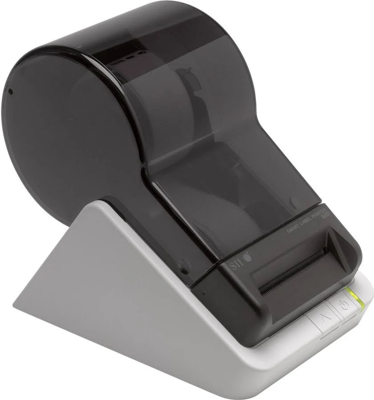 Label printer with a black top and a white base. The printer is tilted. The base has buttons.