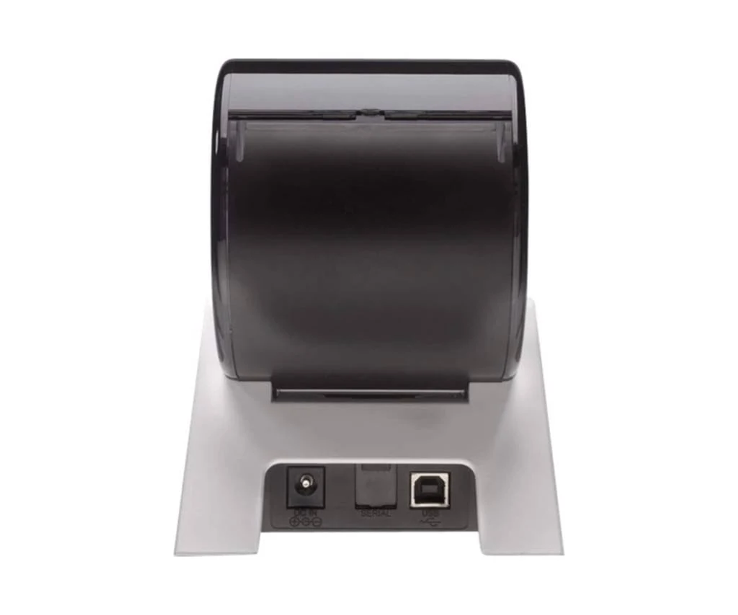 A black thermal printer, top view, showing USB, serial and power ports.
