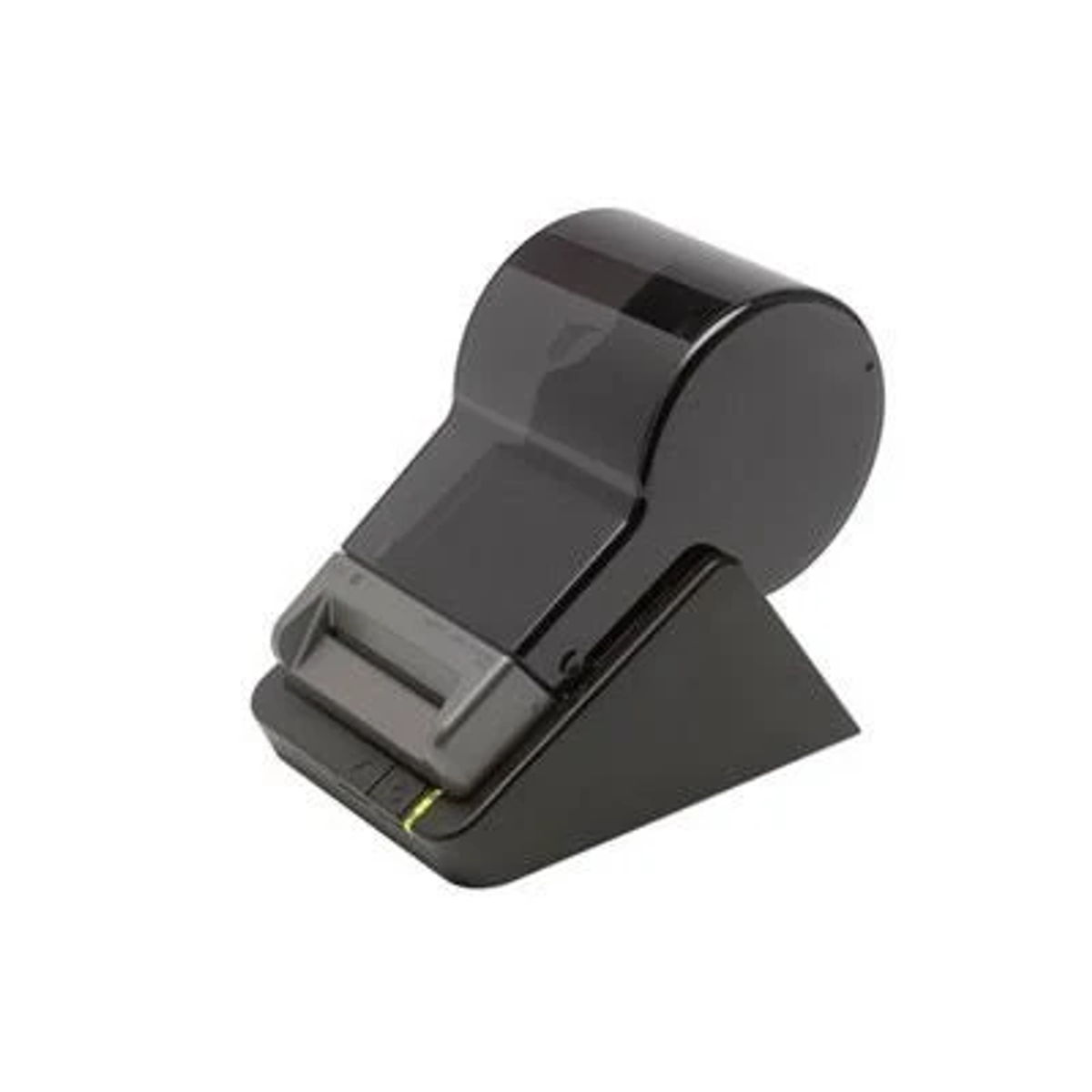 Black wireless charger with a small stand. It has a sloping front and a small button.