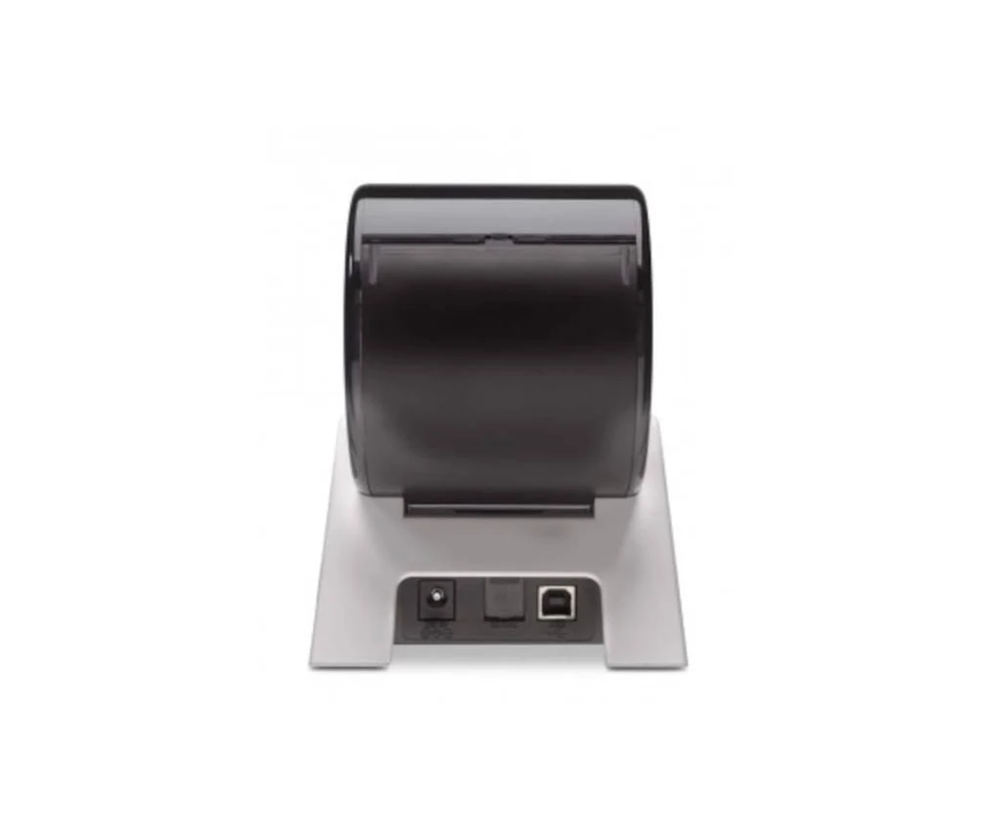 Black label printer. Top view. Showing the paper roll. White background.