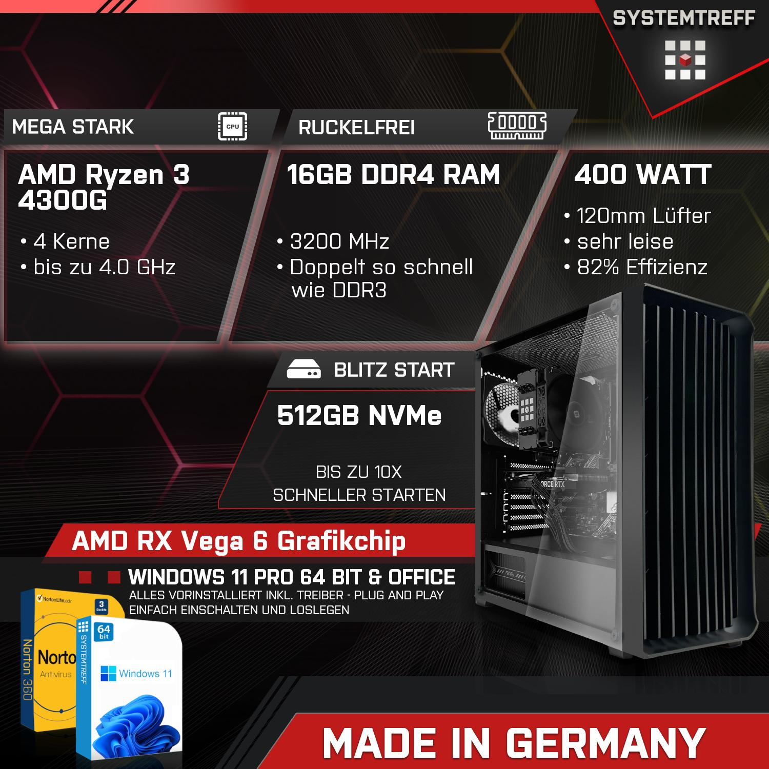 SYSTEMTREFF Büro, Office PC mit AMD Ryzen™ 4300G Prozessor, 16 GB RAM,  512 GB mSSD, AMD Radeon™ RX Vega 6, Windows 11 Pro