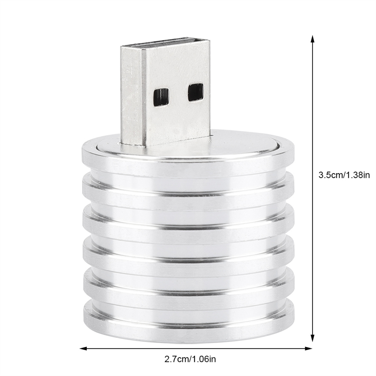 Silberner USB-Stick mit gestapeltem Ringdesign, mit Abmessungen von 2,7 cm x 3,5 cm.