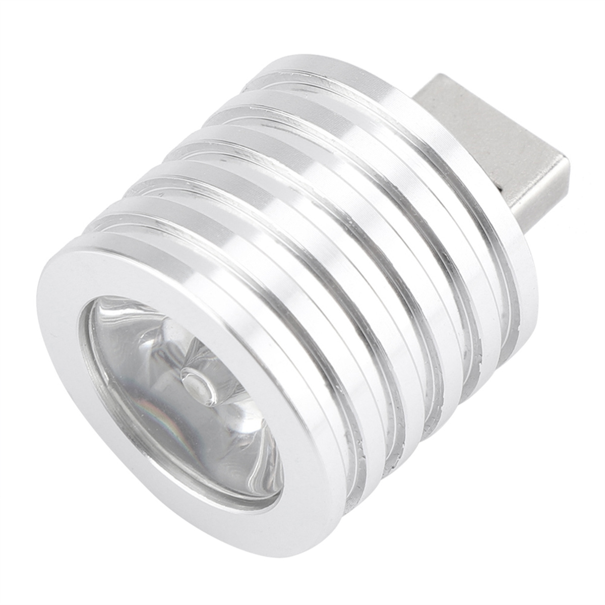Silberne LED-Leuchte mit USB-Anschluss. Die Leuchte ist zylindrisch.