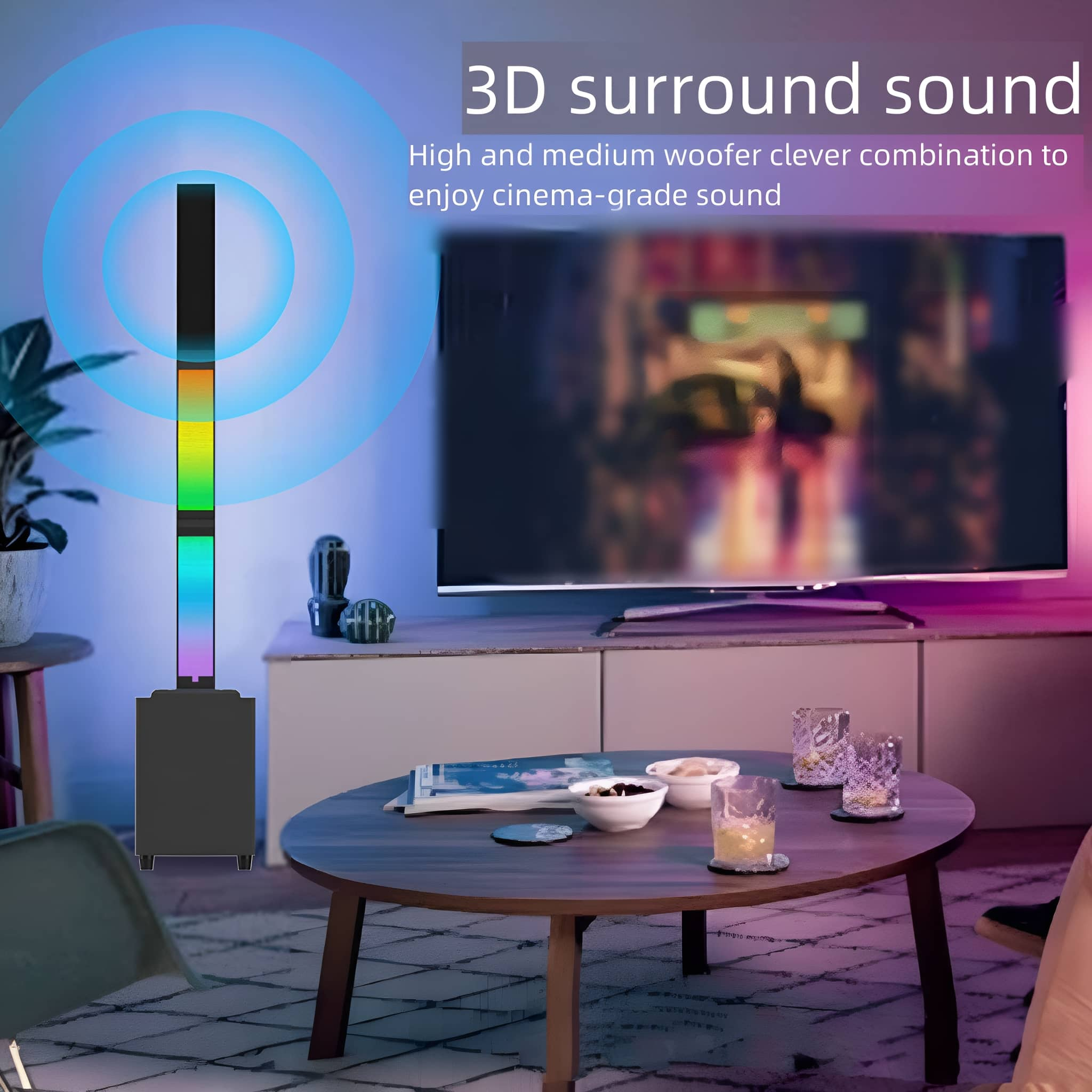 Ein modernes Wohnzimmer mit einer Klangsäule und einem Fernseher, Gläser mit Getränken auf dem Tisch.