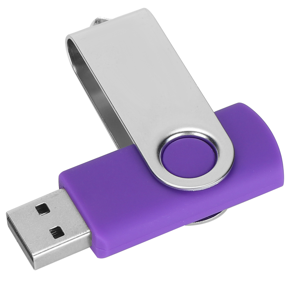 Lila und silberner USB-Stick. Metallisches Drehdesign. Weißer Hintergrund.