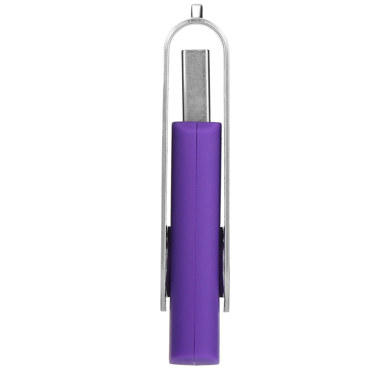 Ein lila USB-C-Anschluss mit einer Metallschlaufe. Der Stecker dient zum Laden und zur Datenübertragung.