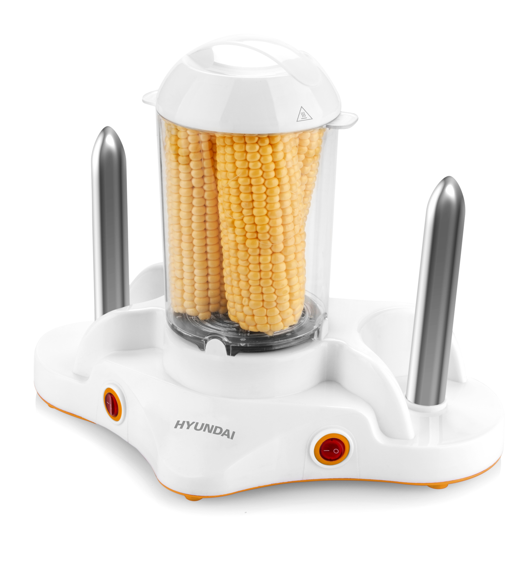 Ein weißer Mais- und Hotdog-Kocher mit Mais und Hotdogs im Inneren. Der Kocher steht auf weißer Oberfläche.