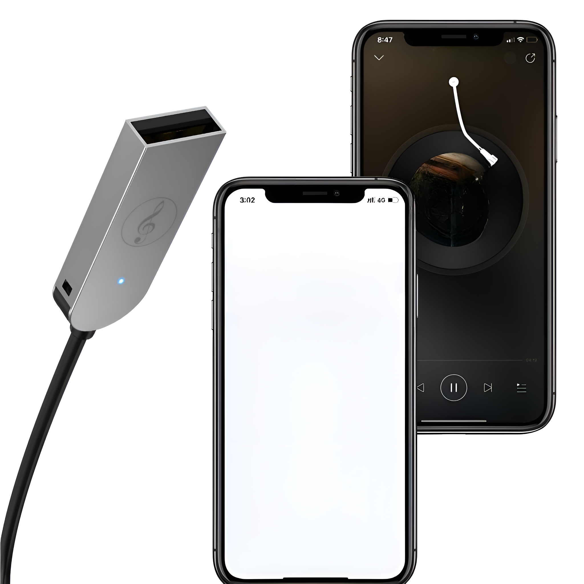 Ein silberner USB-Adapter mit schwarzem Kabel und zwei Telefonen.