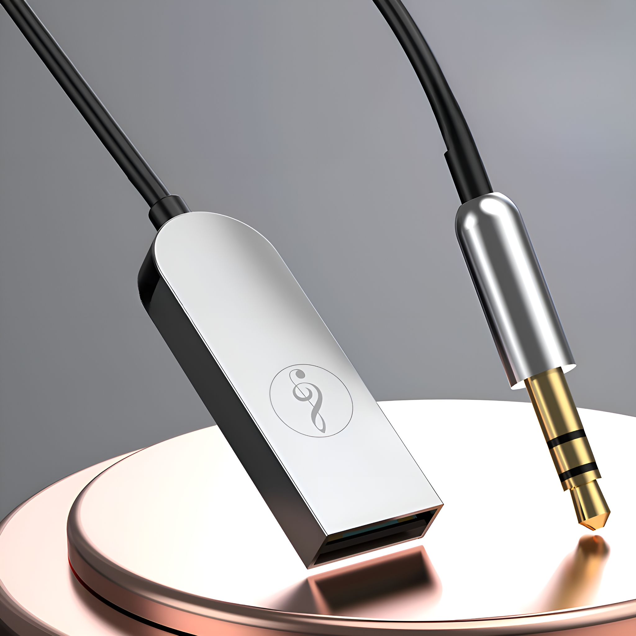 Ein silbernes USB-auf-Klinke-Kabel. Das USB-Ende ist silber und rechteckig, das Klinkenende ist silber und gold.