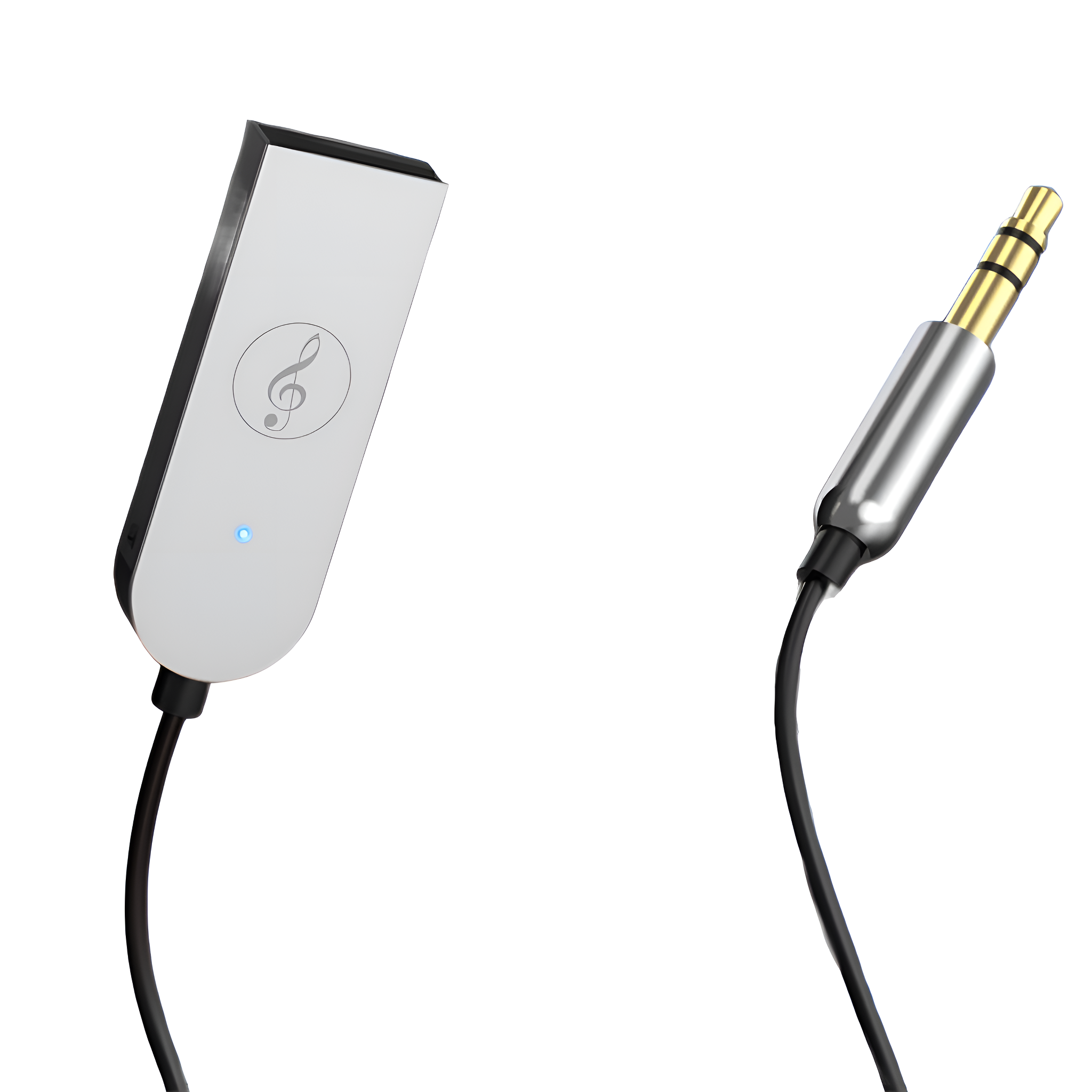 Silberner und schwarzer Audioadapter mit 3,5-mm-Kabel. Weißer Hintergrund.