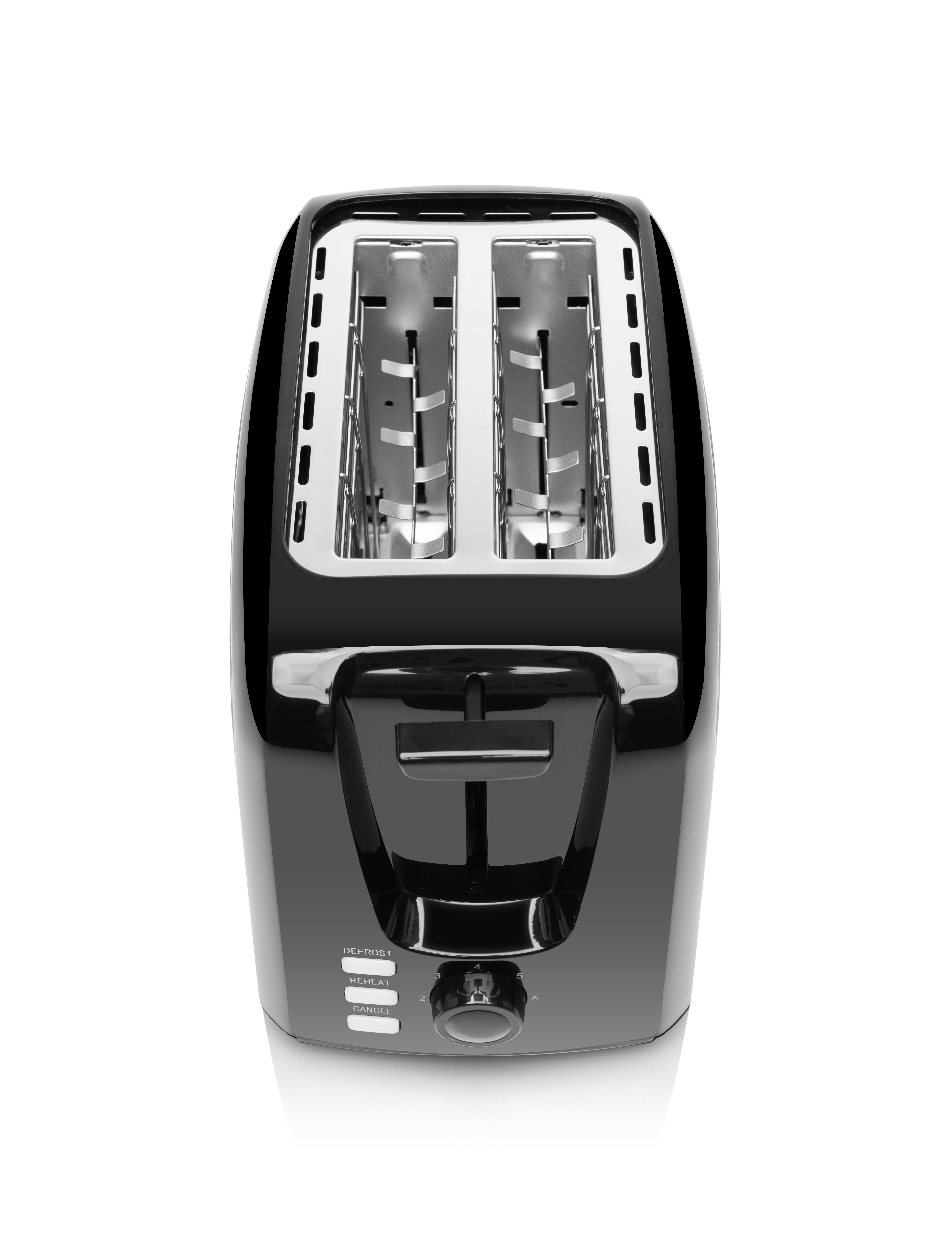 Schwarzer Toaster. Hat zwei Schlitze. Bedienelemente zum Auftauen, Aufwärmen und Abbrechen. Weißer Hintergrund.