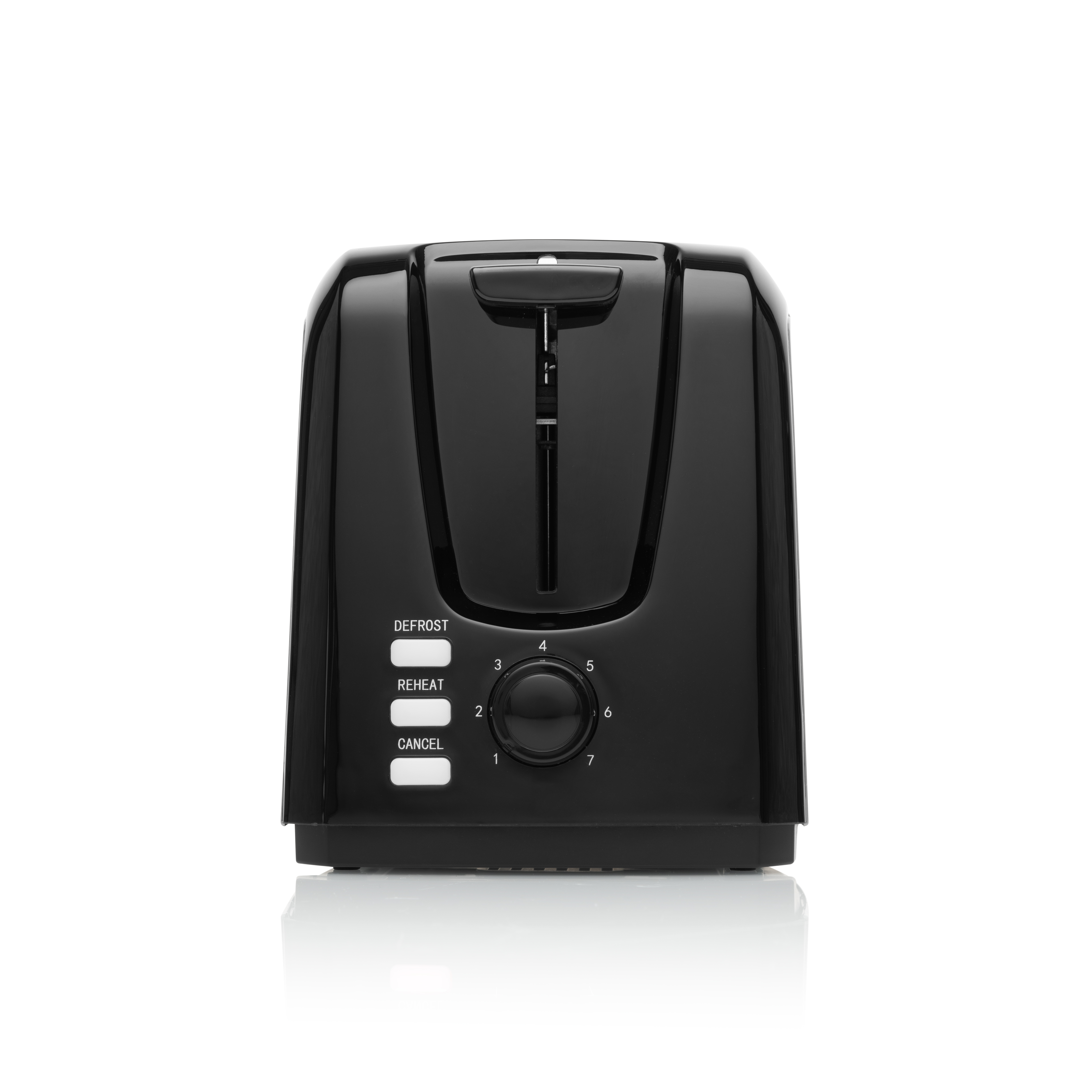 Ein schwarzer Toaster mit Einstellungen für Auftauen, Aufwärmen und Abbrechen.
