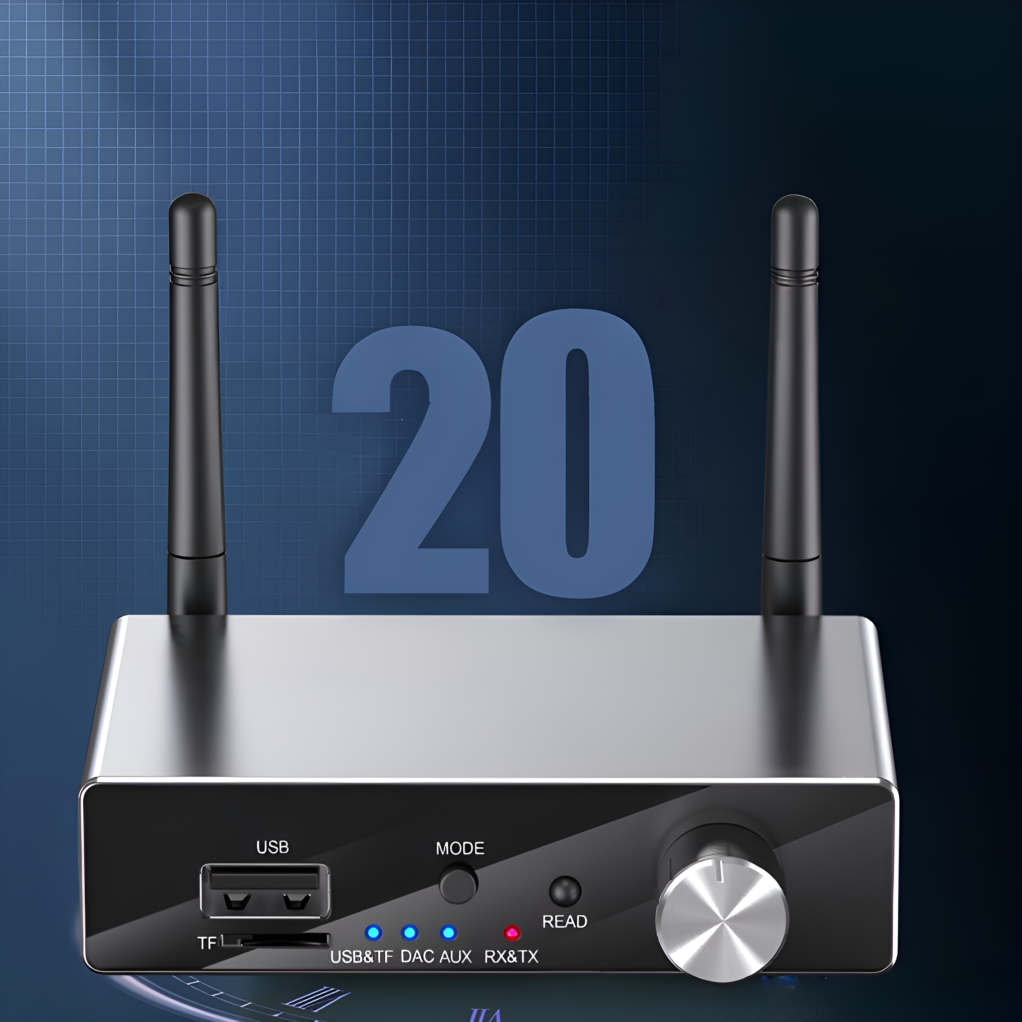 Ein schwarzes Audiogerät mit USB-, TF- und AUX-Anschlüssen und einer Antenne, die Zahl 20 im Hintergrund.