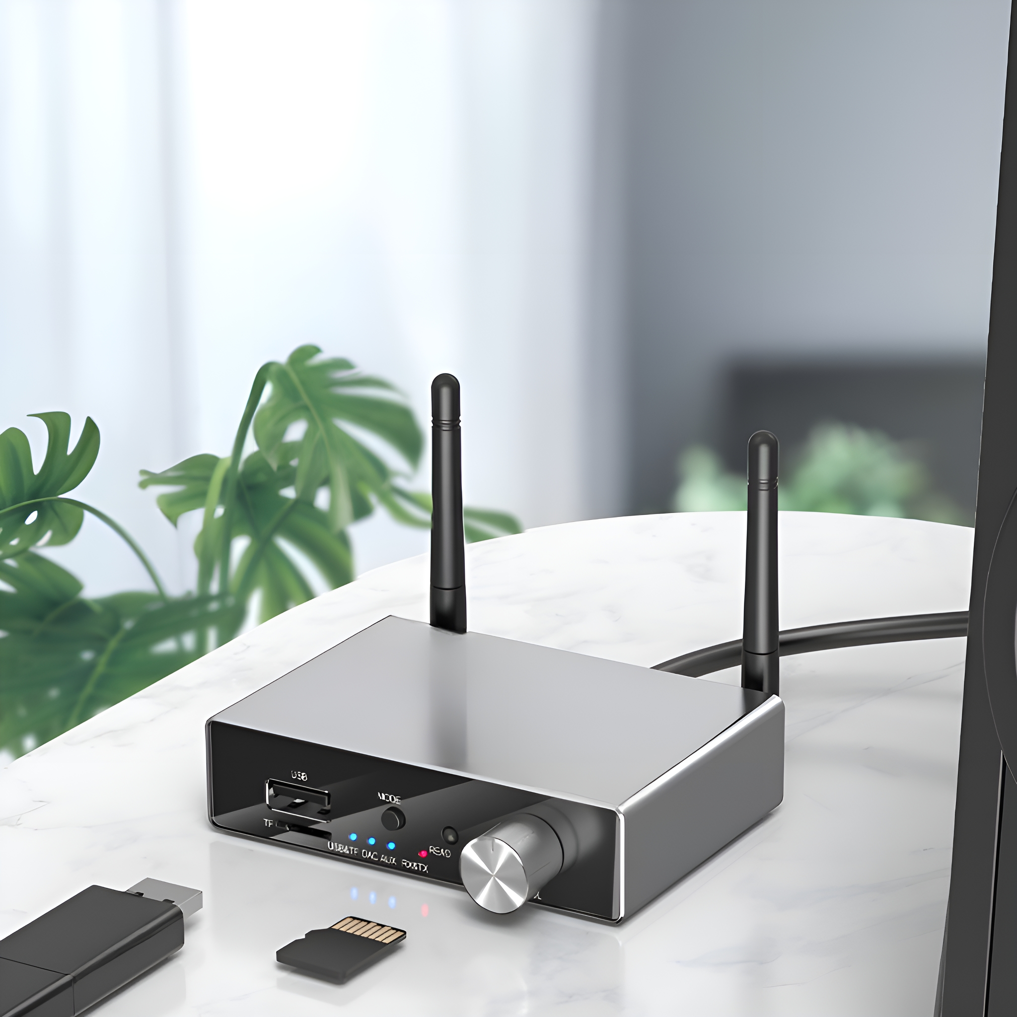Ein silbernes Gerät mit zwei Antennen, USB-Anschluss und Modus-Taste, mit einer SD-Karte und einem USB-Stick.