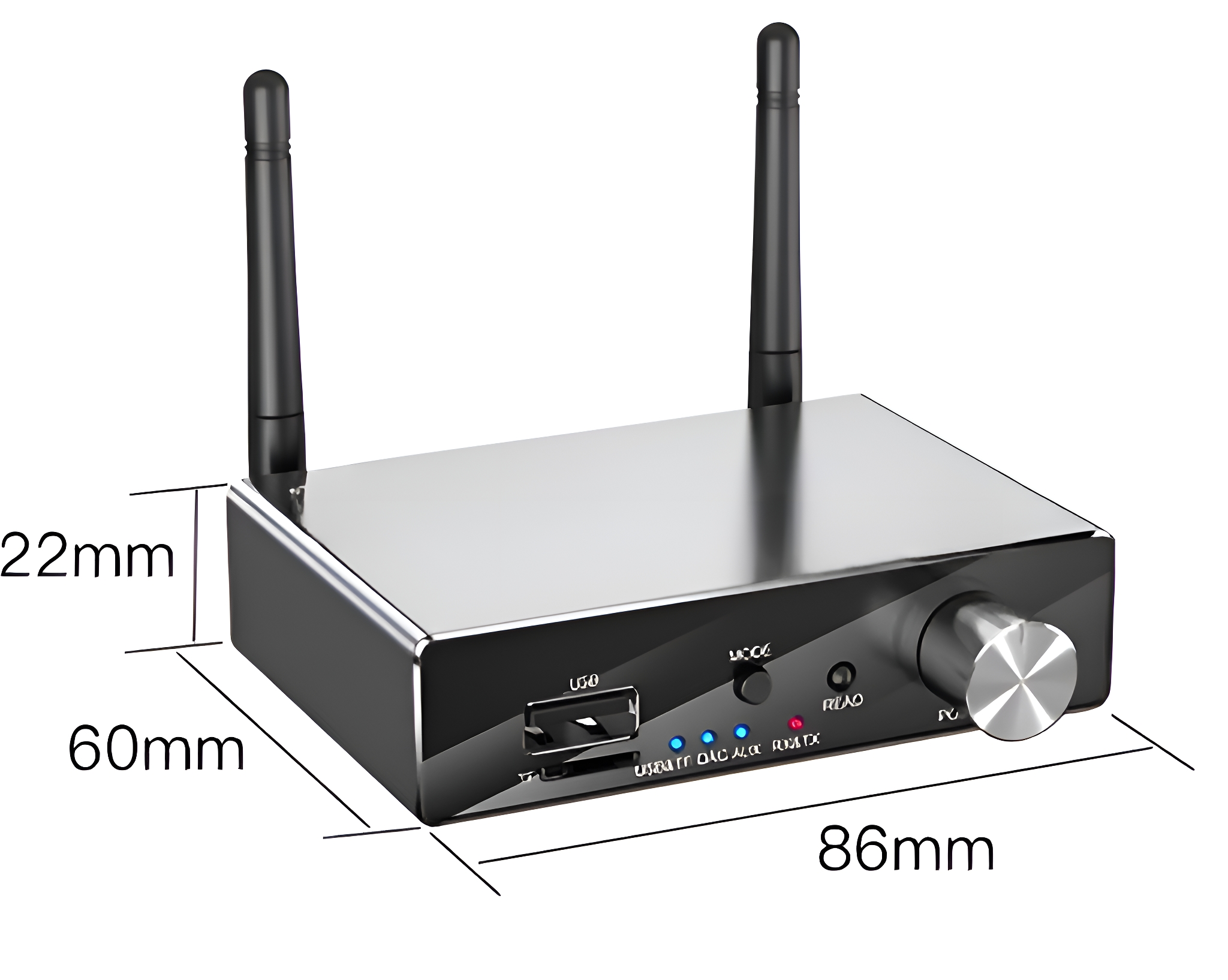 Schwarzes und silbernes Audiogerät mit Antennen. Abmessungen angegeben. Weißer Hintergrund.