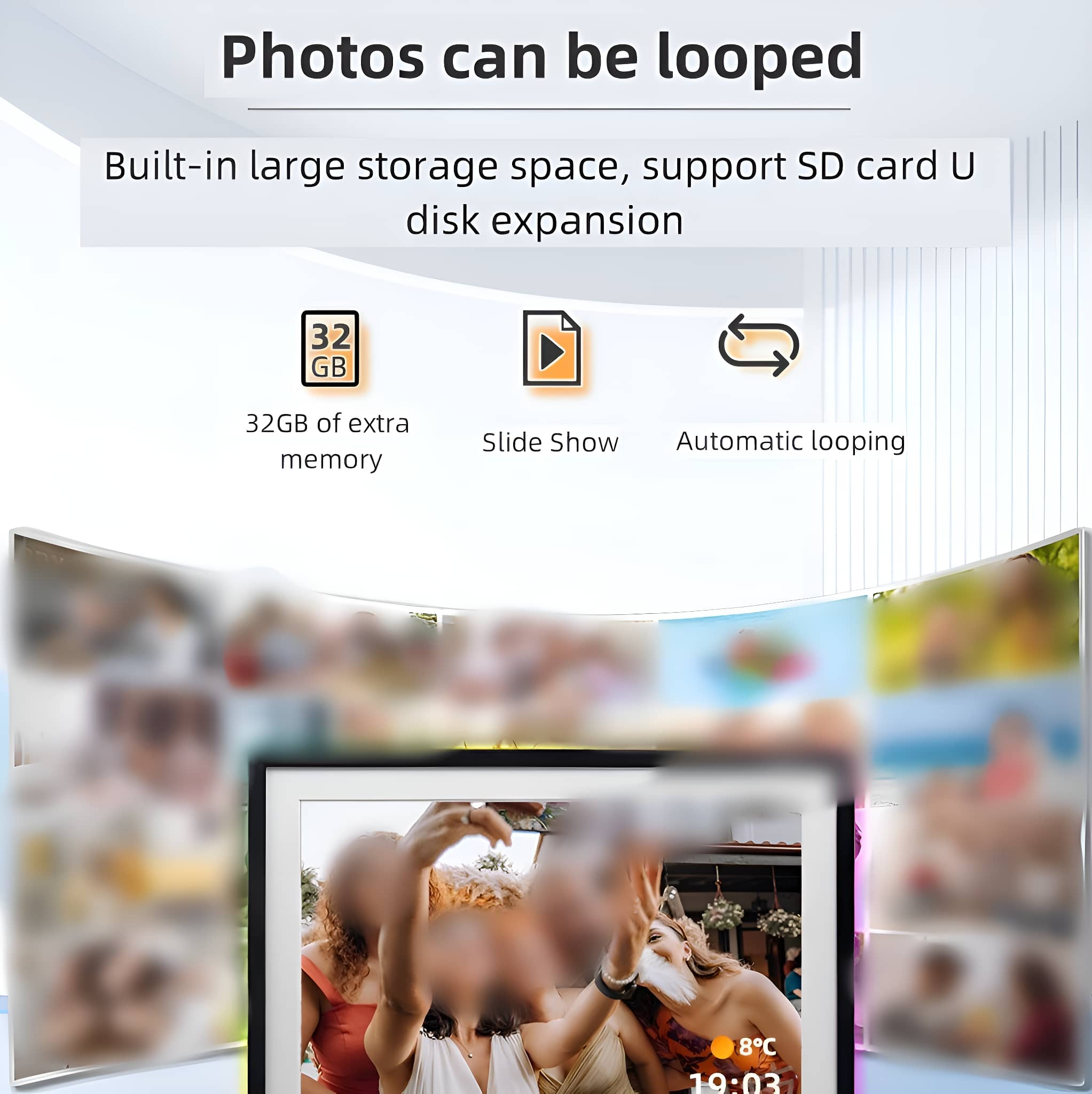 Fotos auf einem Bildschirm, 32GB Speicher, Diashow, automatisches Looping und Personen im Hintergrund.