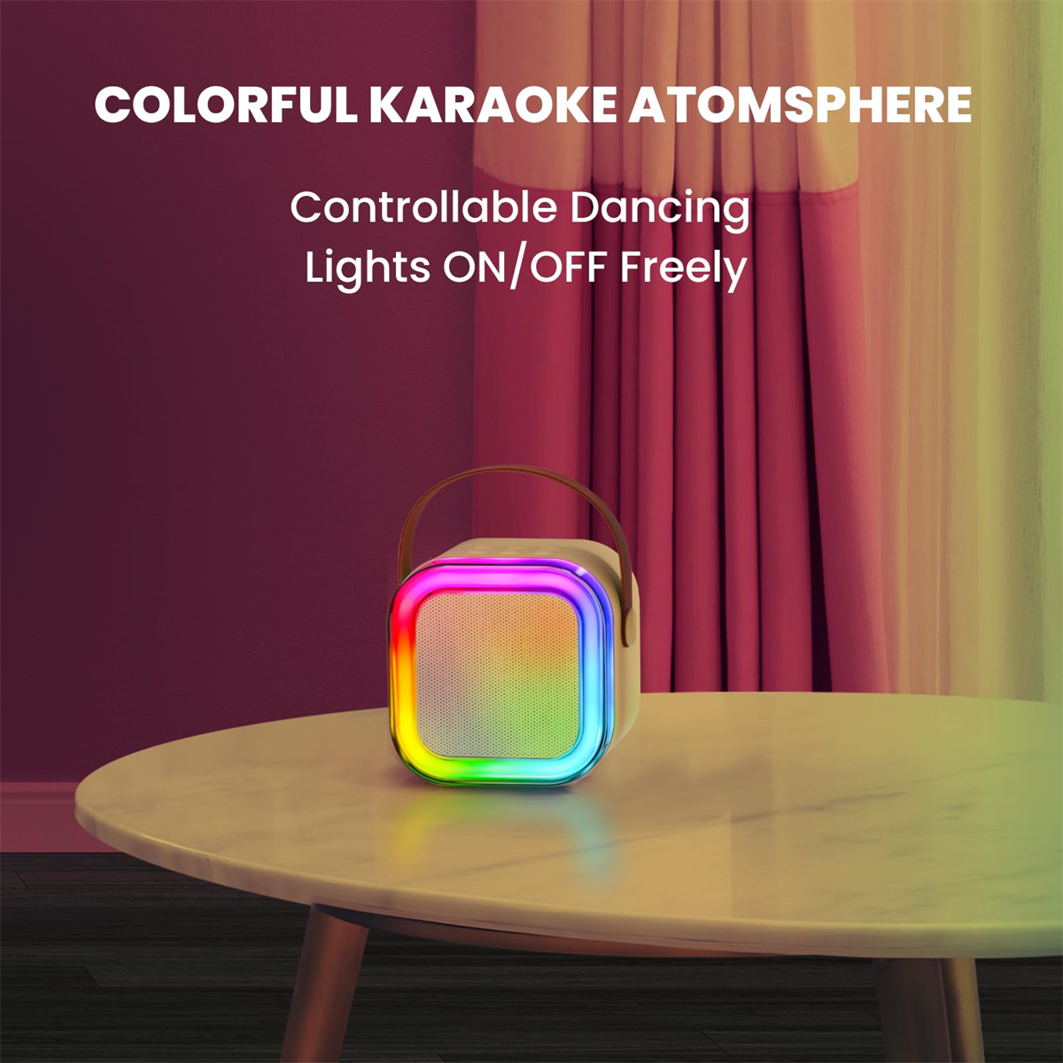 Ein weißer und regenbogenfarbener Lautsprecher auf einem Tisch. Text: 'Farbenfrohe Karaoke-Atmosphäre' und 'Steuerbare Lichter'.