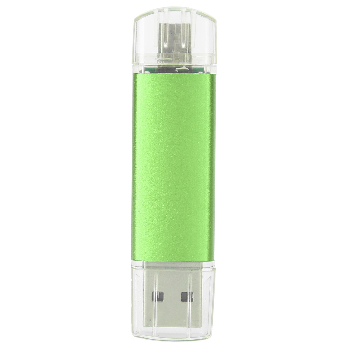 Grüner und silberner USB-Stick. Es hat an beiden Enden eine transparente Kappe.