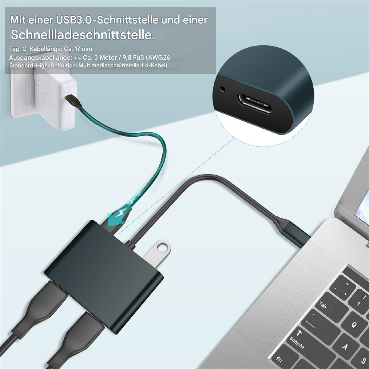 Schwarzer Hub mit USB- und USB-C-Anschlüssen, mit deutschem Text.