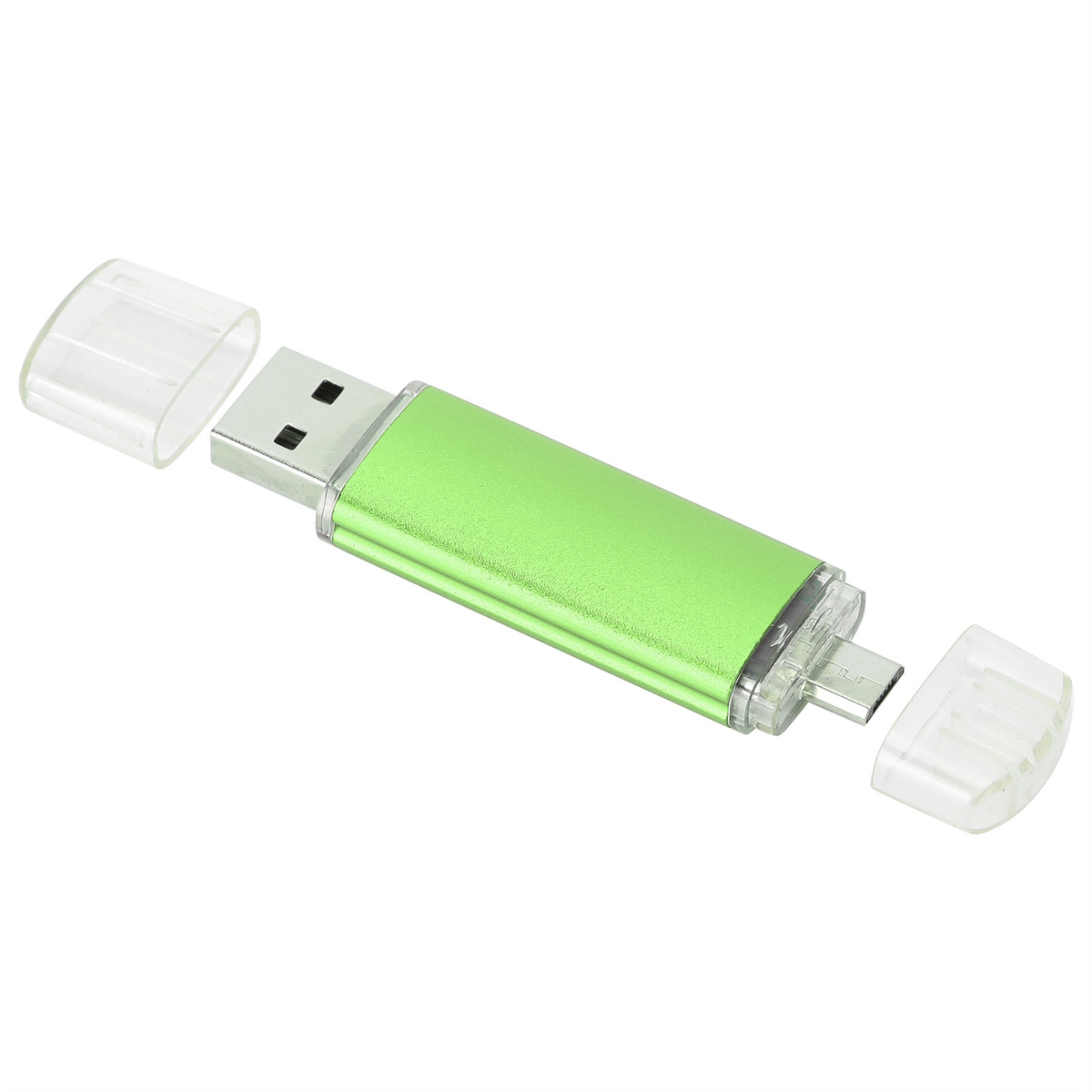 Ein grüner USB-Stick mit transparenten Kappen an beiden Enden, ein Ende hat einen USB-Anschluss.