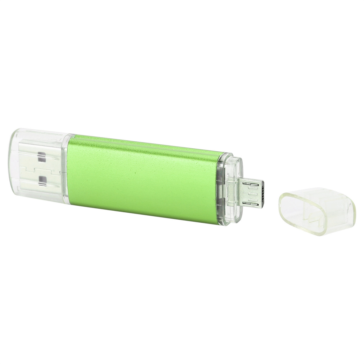 Grüner und klarer USB-Stick mit abgenommener Kappe. Der Hintergrund ist weiß.