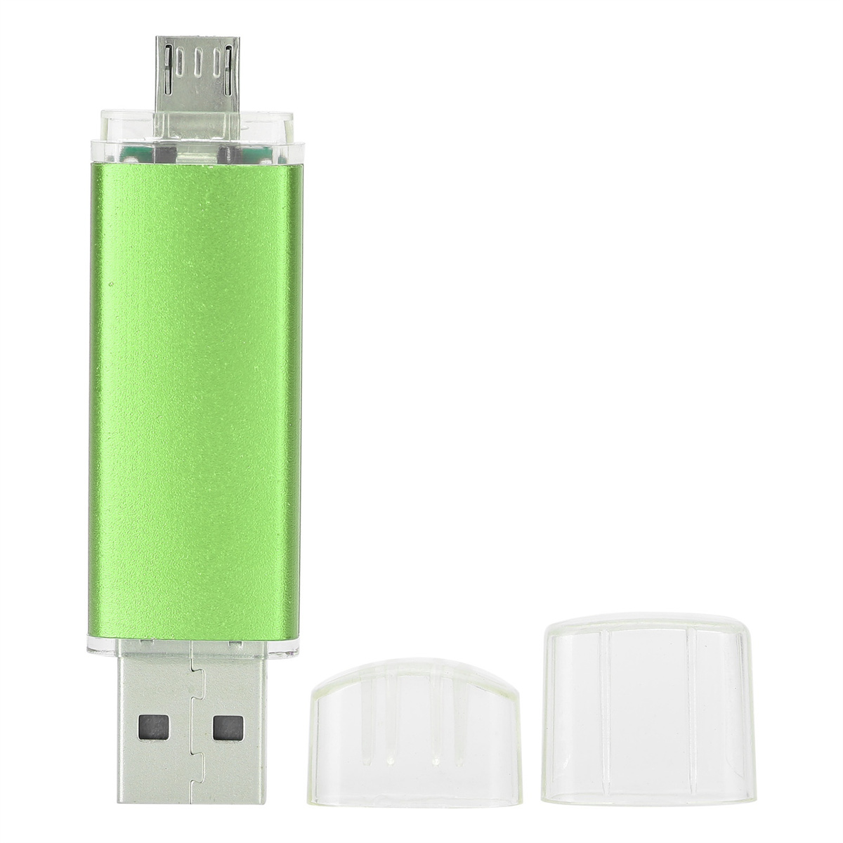 Grüner USB-Stick mit Kappe und durchsichtiger Kunststoffabdeckung.