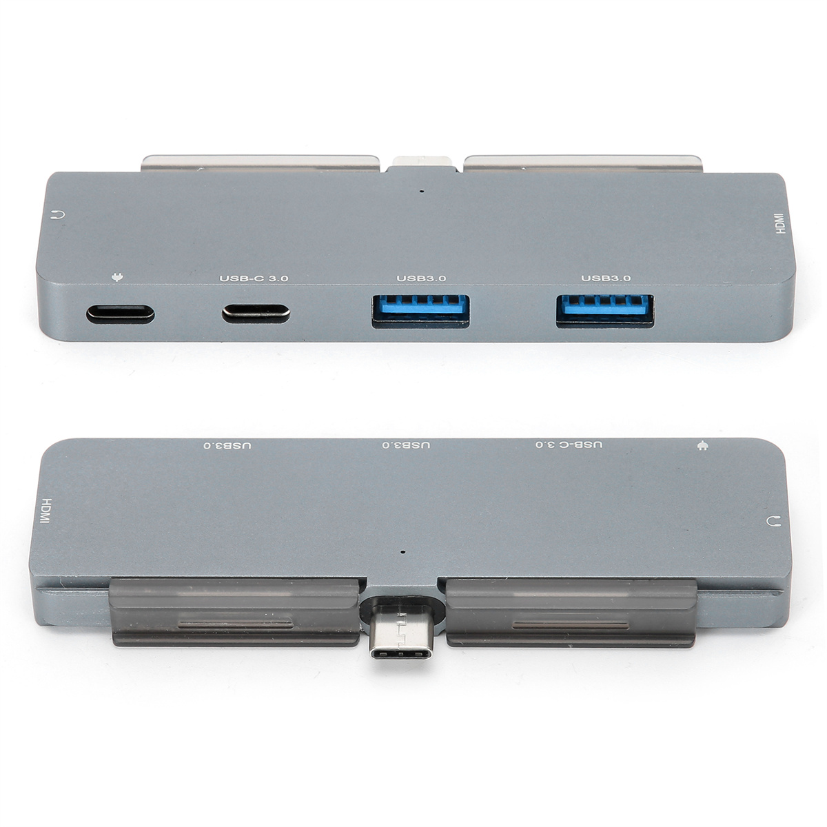 Zwei graue USB-Hubs mit verschiedenen Anschlüssen auf weißem Untergrund. Oben HDMI, USB-C und USB 3.0.