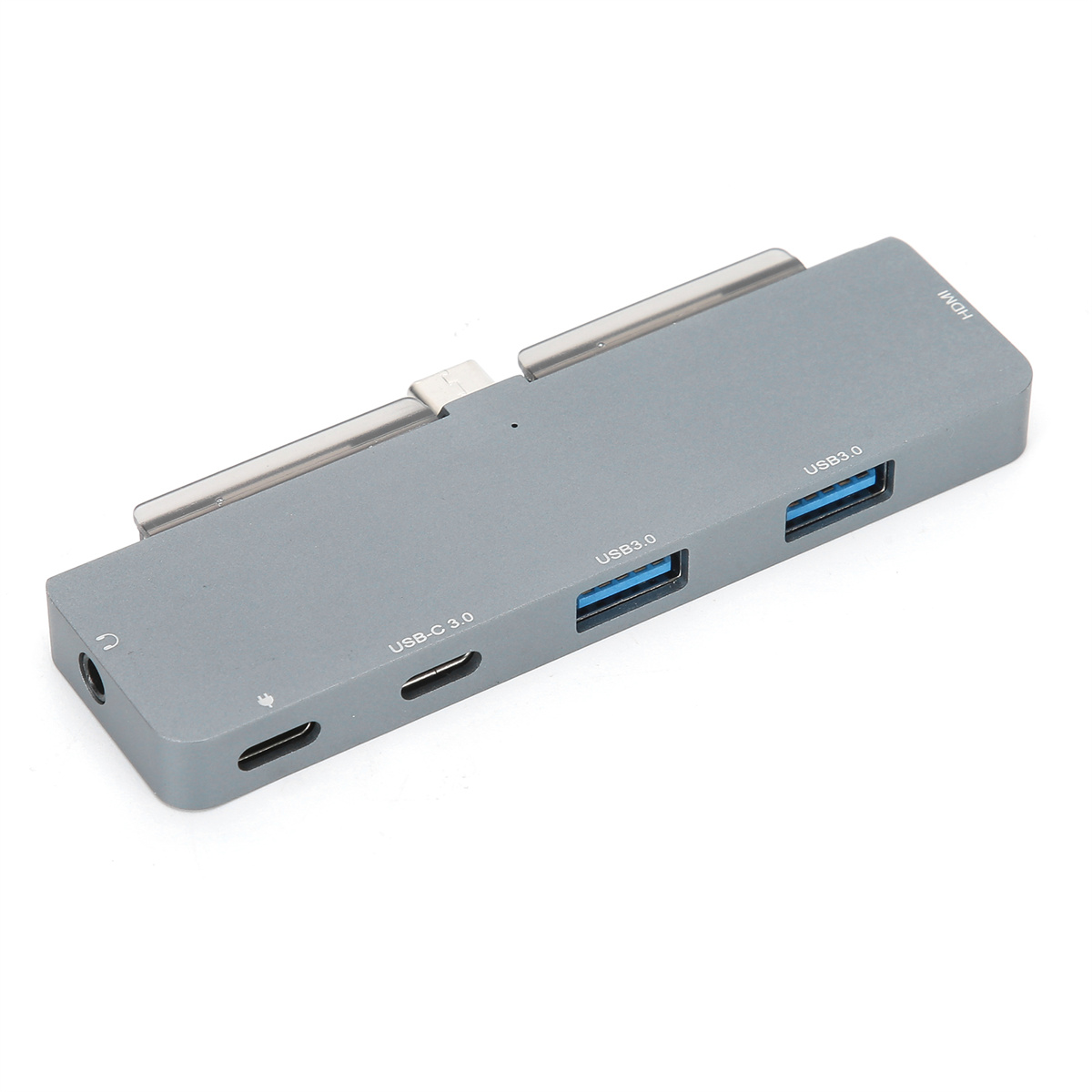 Ein grauer USB-Hub mit verschiedenen Anschlüssen, darunter USB 3.0, USB-C und HDMI.