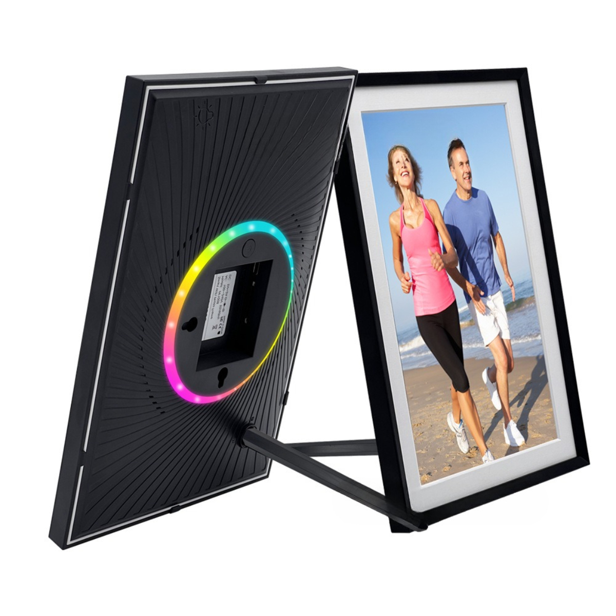 Digitaler Bilderrahmen mit Foto eines laufenden Paares und Rückseite mit kreisförmigem Licht.