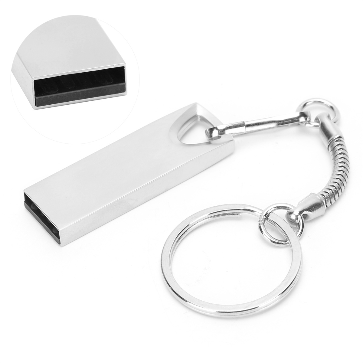 Ein silberner USB-Stick mit Schlüsselringbefestigung, Nahaufnahme.