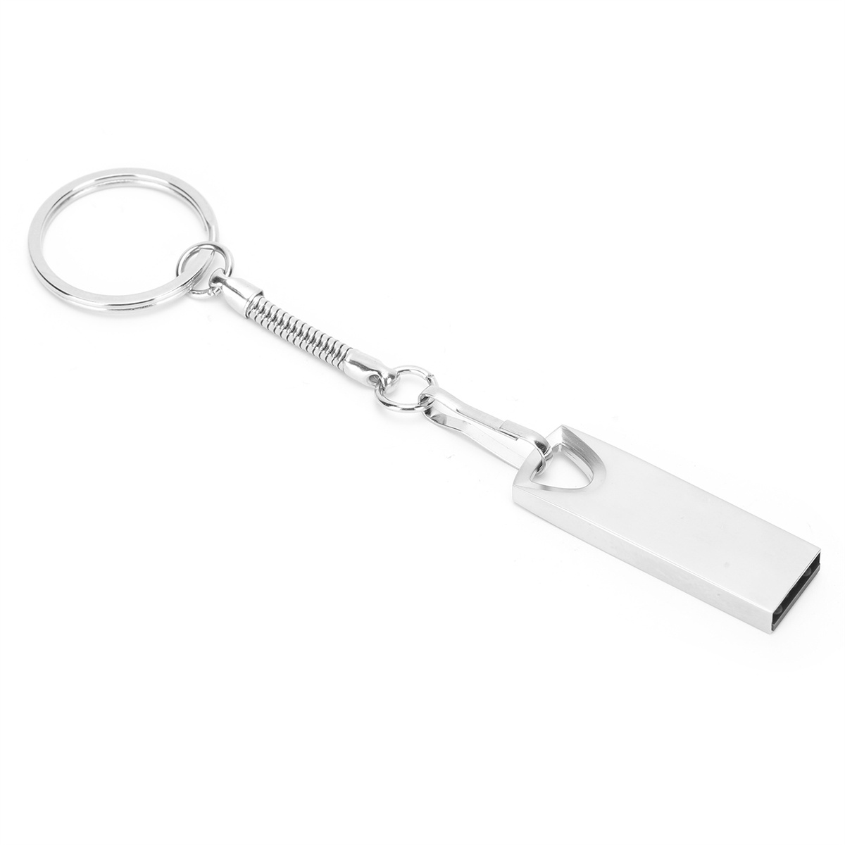 Ein silberner USB-Stick mit einem Schlüsselanhänger. Es ist auf weißem Hintergrund und hat eine Metallfarbe.