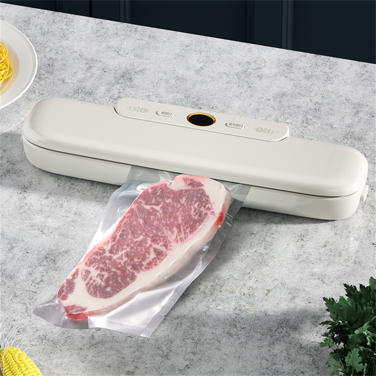 Ein Vakuumiergerät mit einem Steak in einer Tüte auf einer weißen Arbeitsplatte.