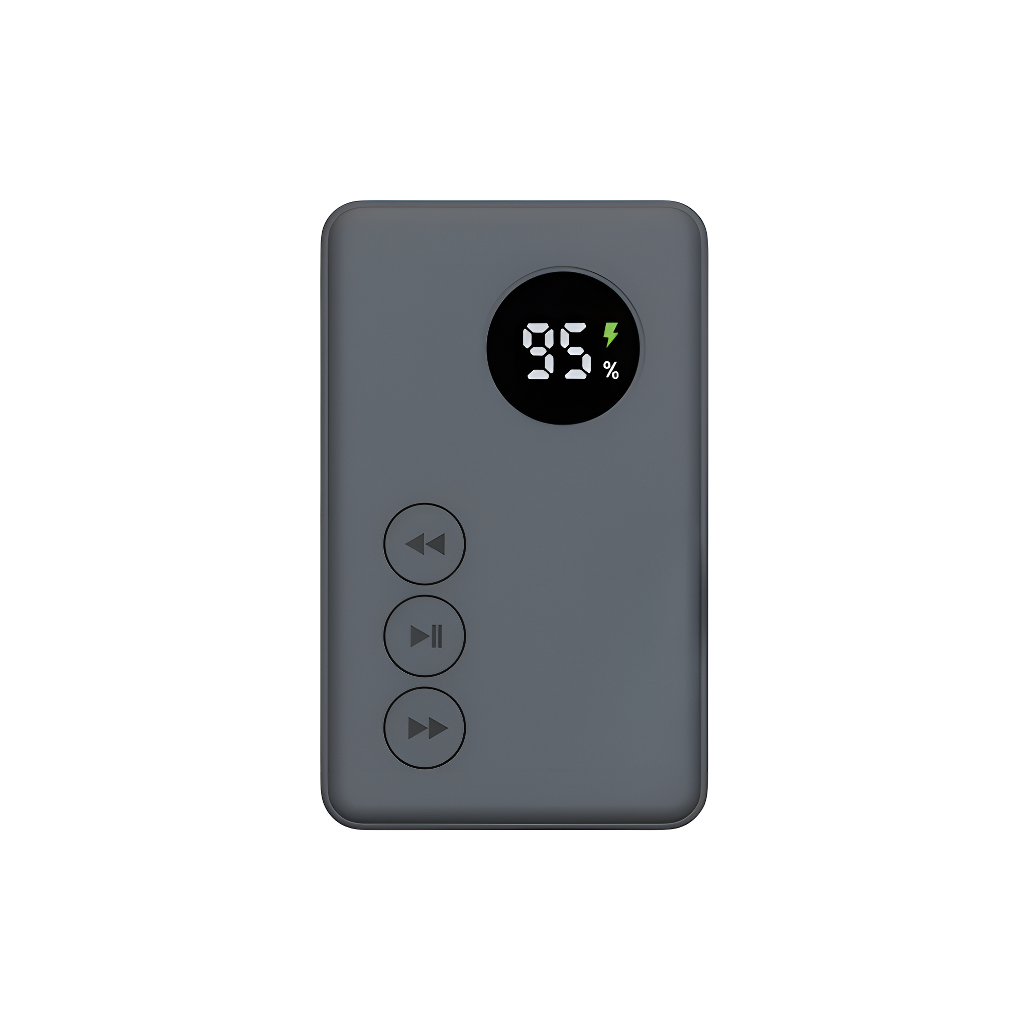 Dunkelgraue Powerbank mit 3 Tasten und Digitalanzeige mit 95% Akku.