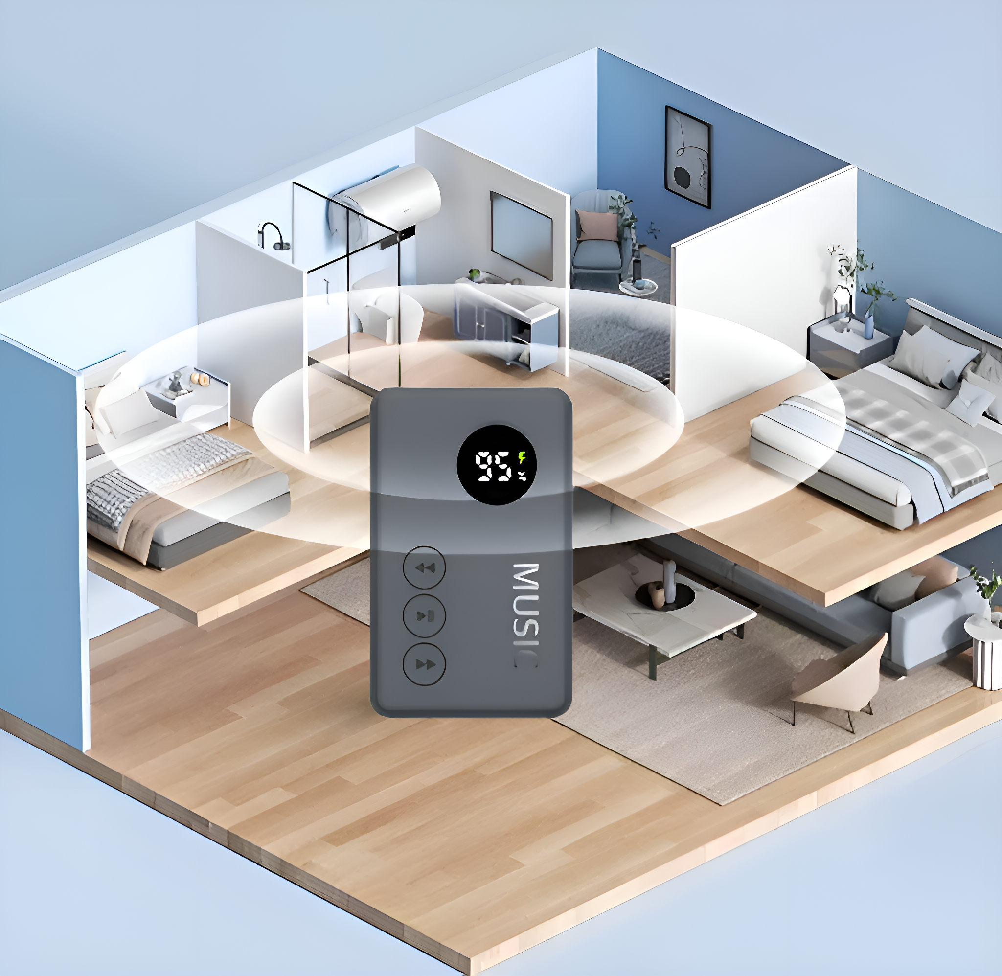 Grauer Musikplayer mit Knöpfen und Display. Isometrische Ansicht eines Hauses mit Musiksymbolen.