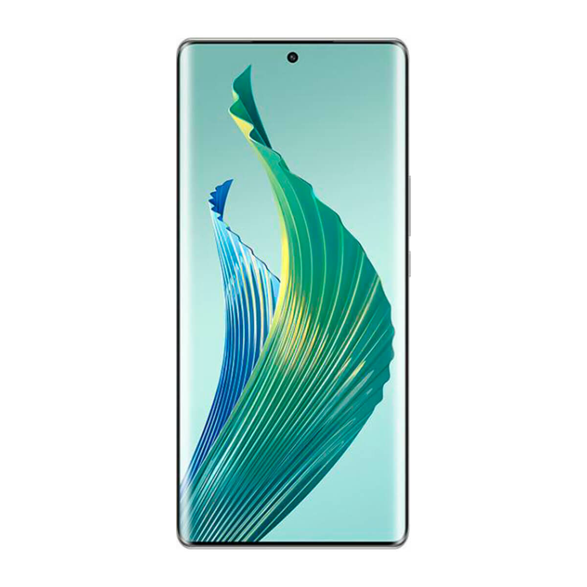 Smartphone moderno con schermo curvo, mostra un motivo astratto verde e blu.
