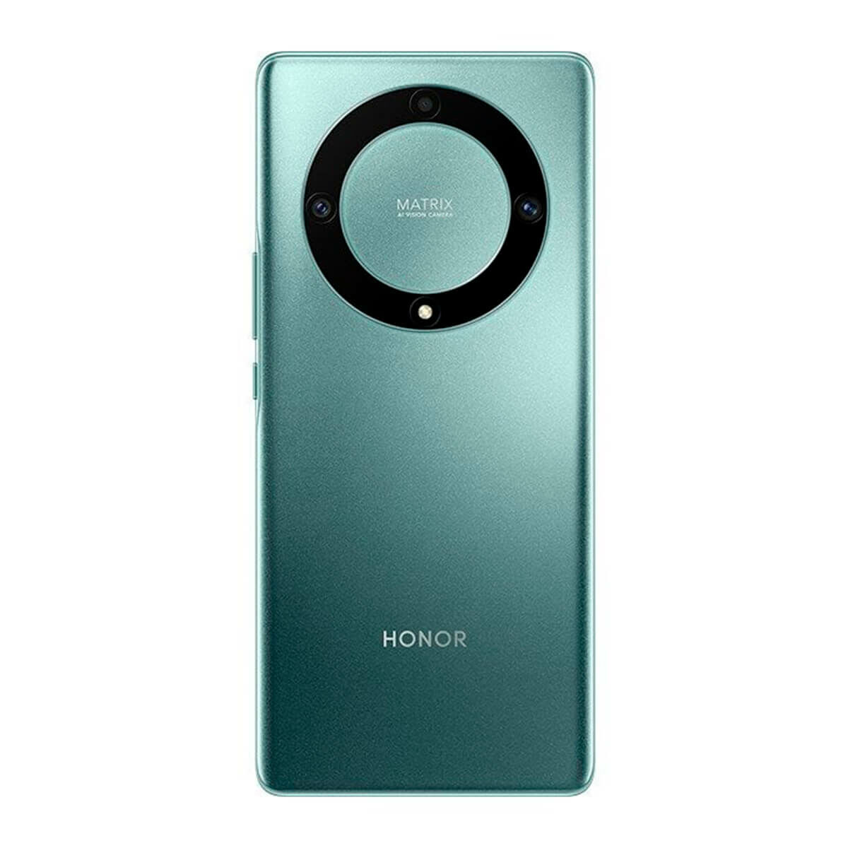 Uno smartphone color verde acqua con configurazione a tripla fotocamera. Il telefono è a fuoco e mostra un modulo fotocamera.