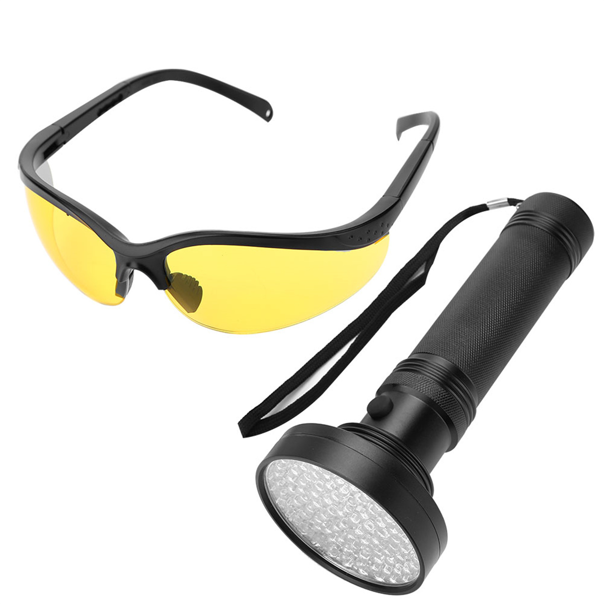 Sonnenbrille mit gelben Gläsern und eine schwarze Taschenlampe. Beide Artikel auf weißem Hintergrund.