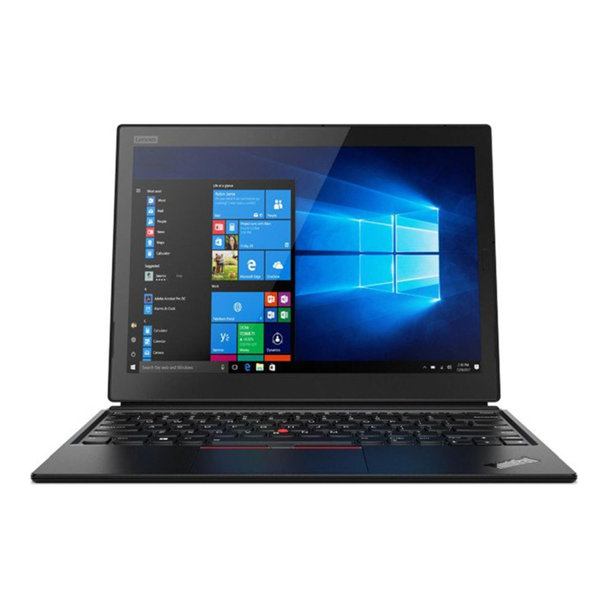 Ein schwarzer Lenovo-Laptop mit Tastatur. Der Bildschirm zeigt die Windows-Oberfläche. Der Laptop ist geöffnet.
