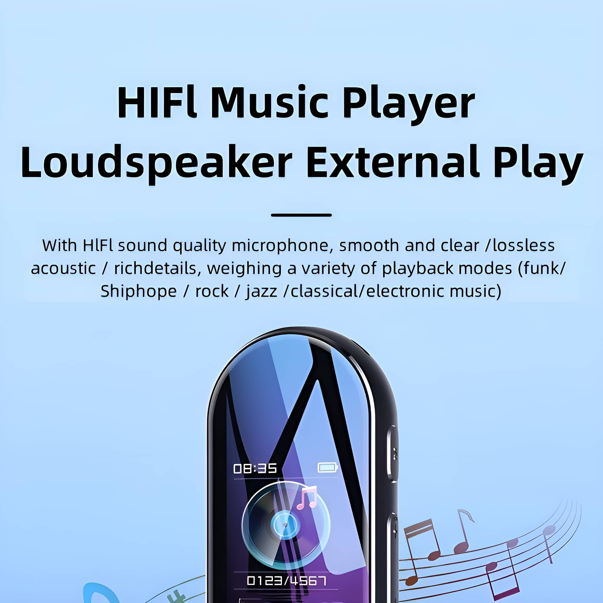 Ein schwarzer und blauer Musik-Player mit Text. Es spielt ein Lied und hat Noten um sich herum.
