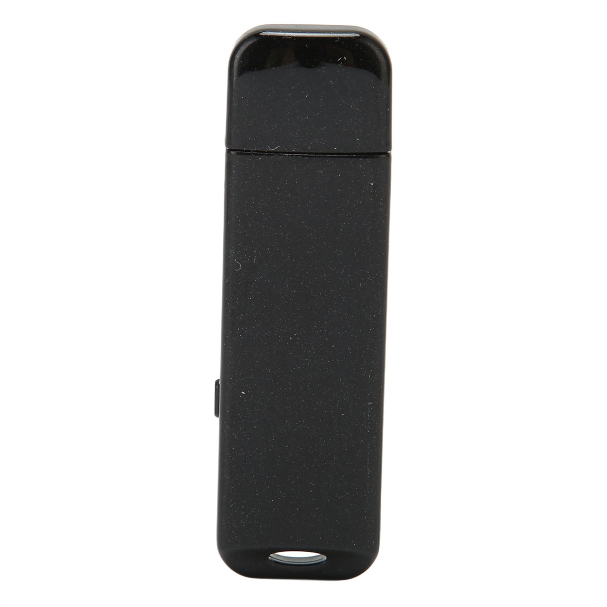 Schwarzer USB-Stick. Hat ein kleines Loch am Boden. Einfacher weißer Hintergrund.