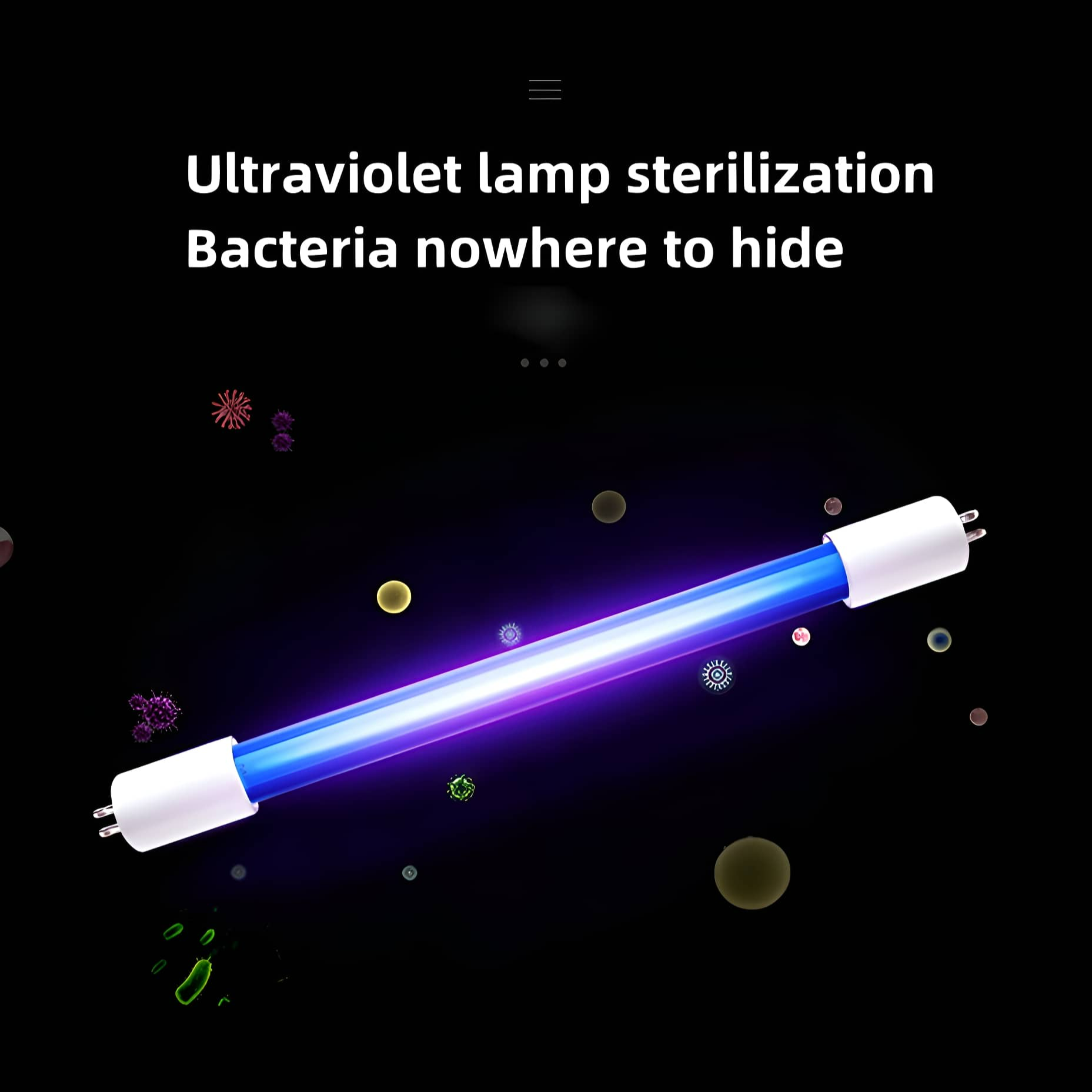 Eine blaue Ultraviolettlampe mit weißen Enden, umgeben von bunten Keimen auf schwarzem Hintergrund.