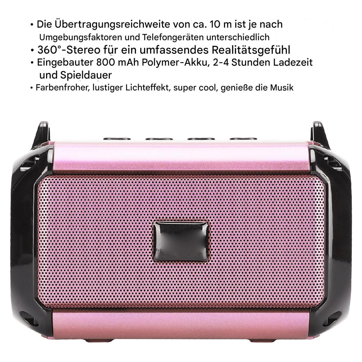 Rosa und schwarzer Lautsprecher mit Mesh-Front und Text, der seine Funktionen beschreibt.